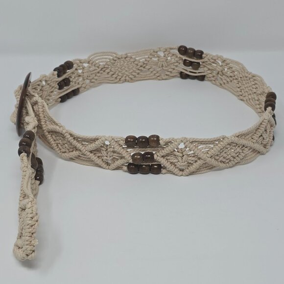 Woven Macrame Boho Belt with Wood Beads and Brown Tortoiseshell Buckle - Picture 3 of 10